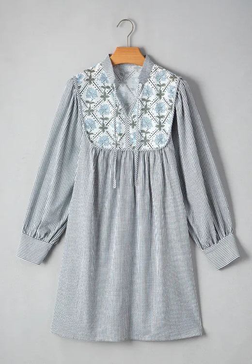 Tied Floral Printed Striped Long Sleeve Dress - alternate view 6