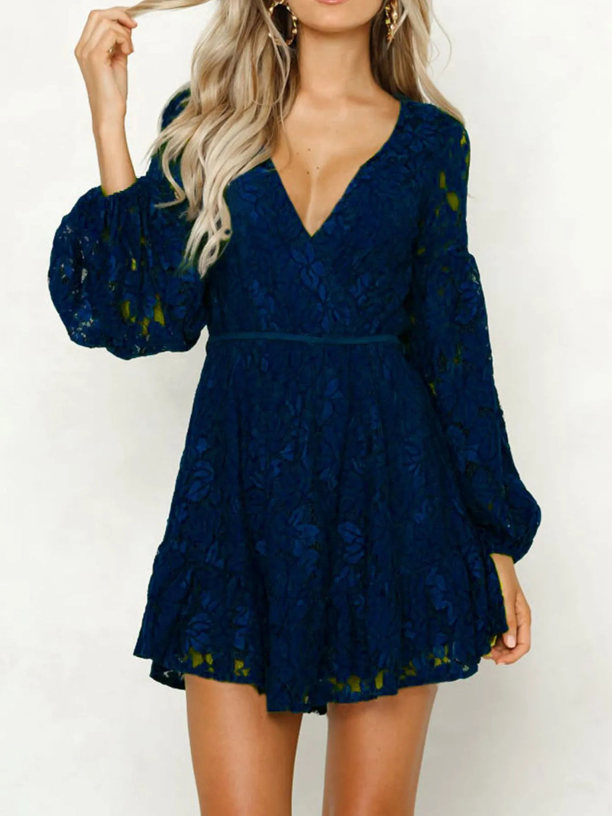 Lace V-Neck Long Sleeve Mini Dress - alternate view 11