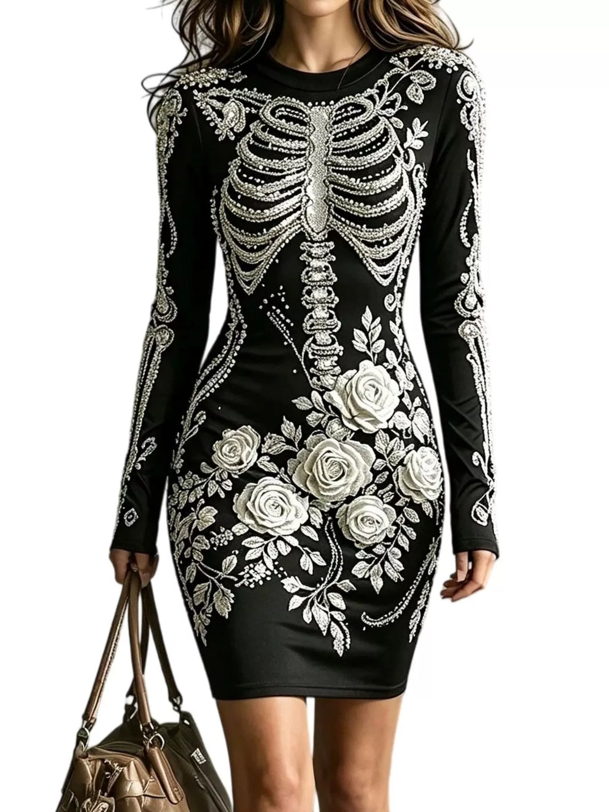 Skeleton Floral Long Sleeve Bodycon Dress - alternate view 2