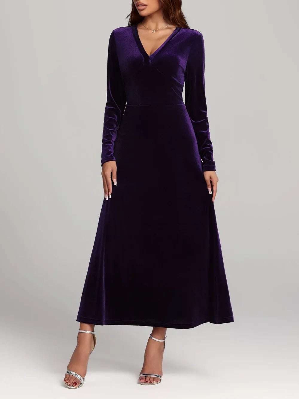 V-Neck Long Sleeve Velvet Dress - alternate view 3