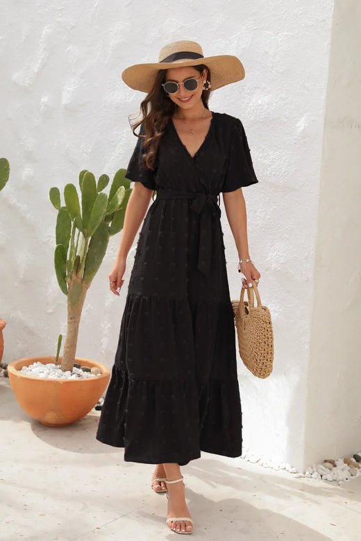 Swiss Dot Tied Surplice Short Sleeve Dress - alternate view 5