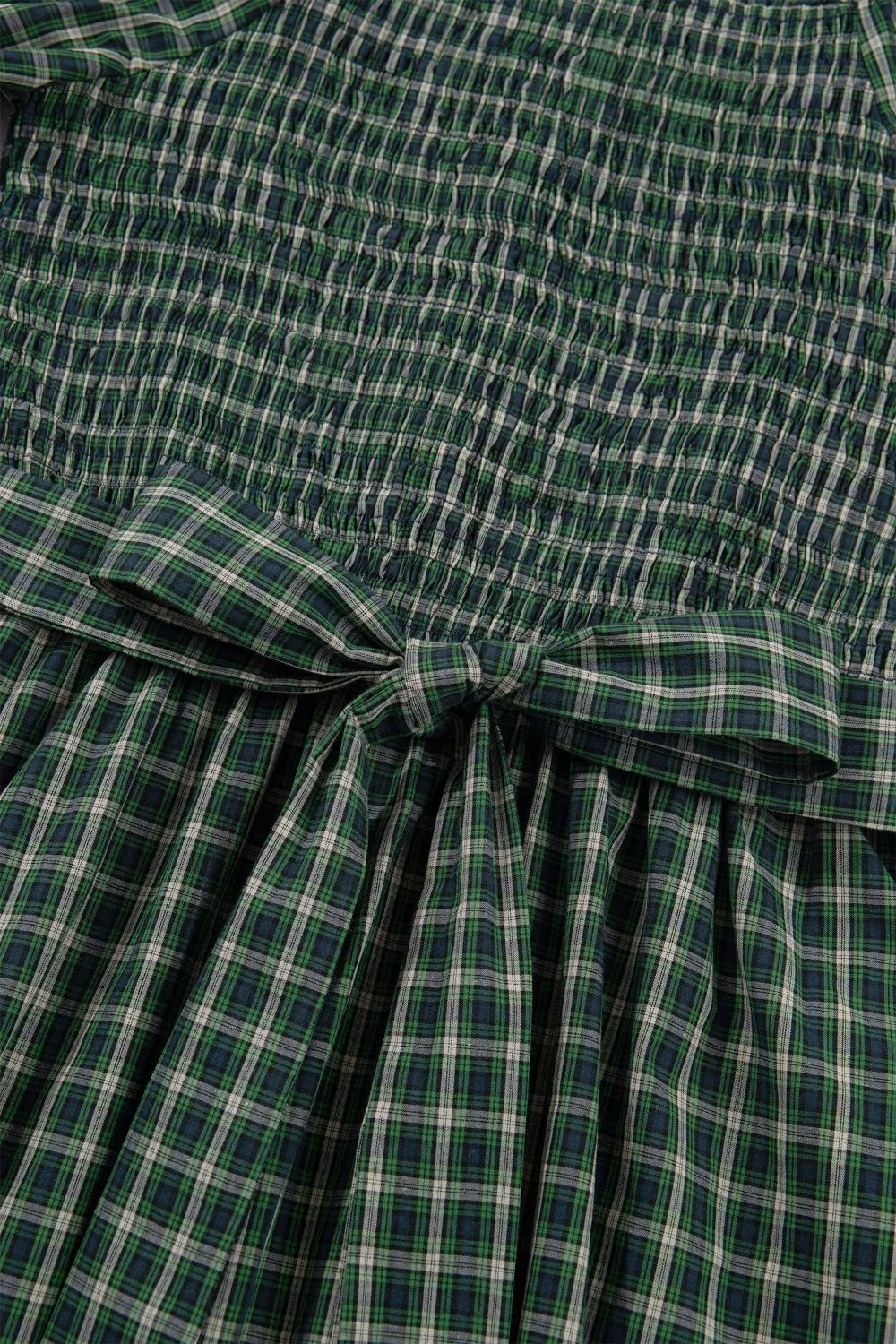 Plaid Square Neck Shirred High Waist Ruffle Hem Maxi Dress - alternate view 10