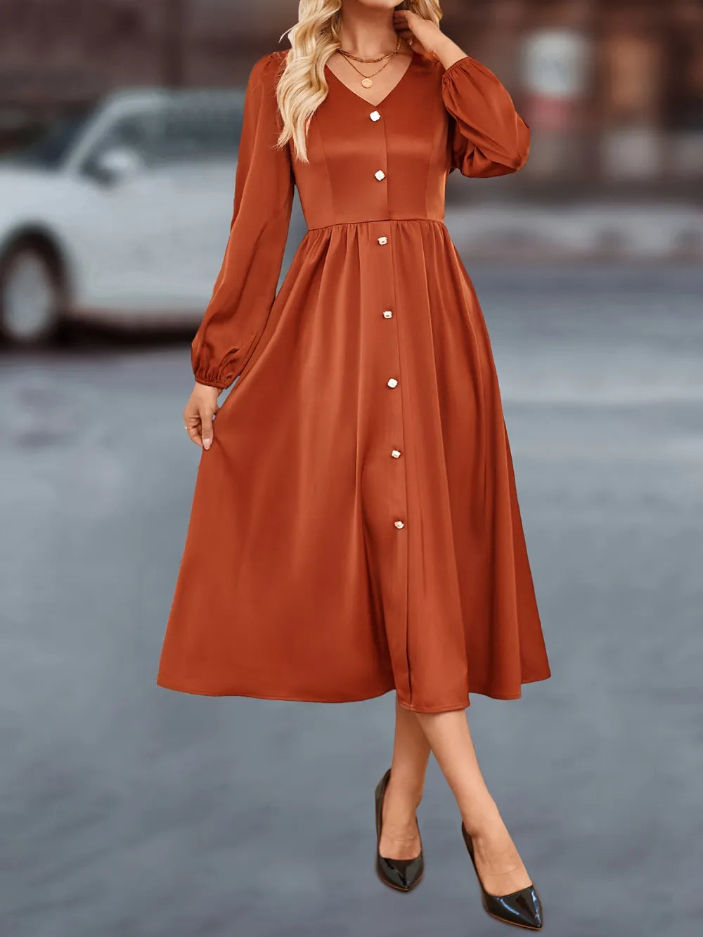 V-Neck Balloon Sleeve Midi Dress - alternate view 2