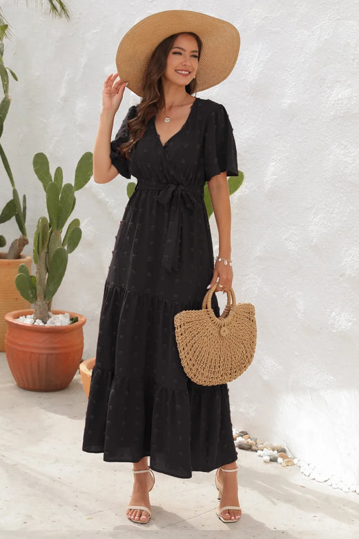 Swiss Dot Tied Surplice Short Sleeve Dress - alternate view 4