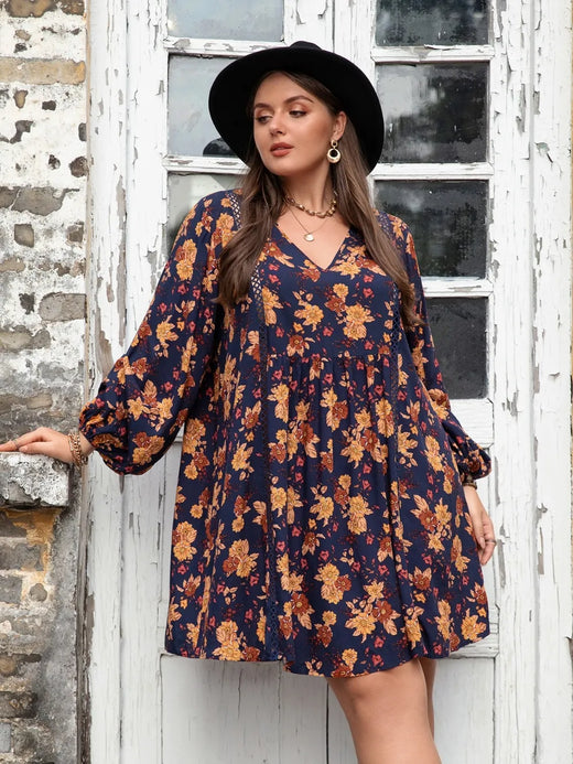 Floral V-Neck Balloon Sleeve Dress - alternate view 4