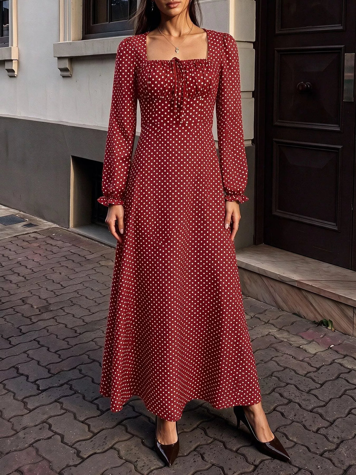 Square Neck Polka Dot Long Sleeve Maxi Dress - alternate view 2