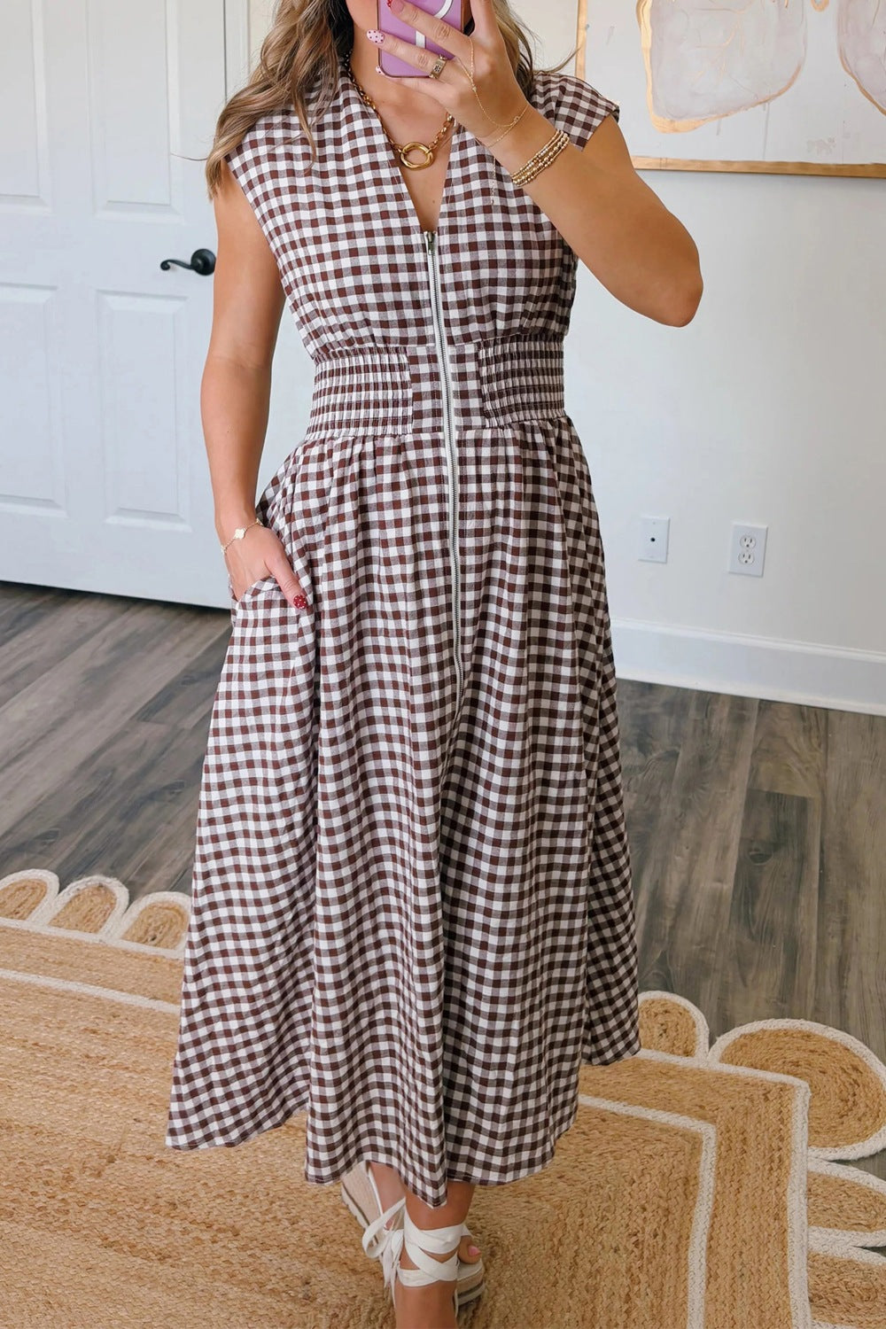 Gingham Zip-Front Midi Dress - alternate view 7