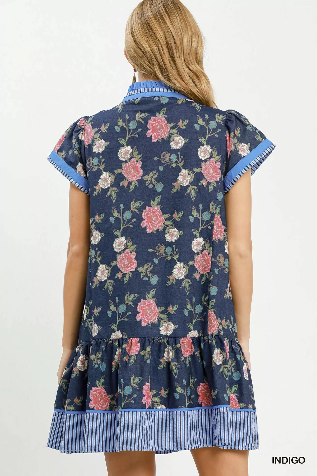 Floral Contrast Trim Ruffle Hem Mini Dress - alternate view 3