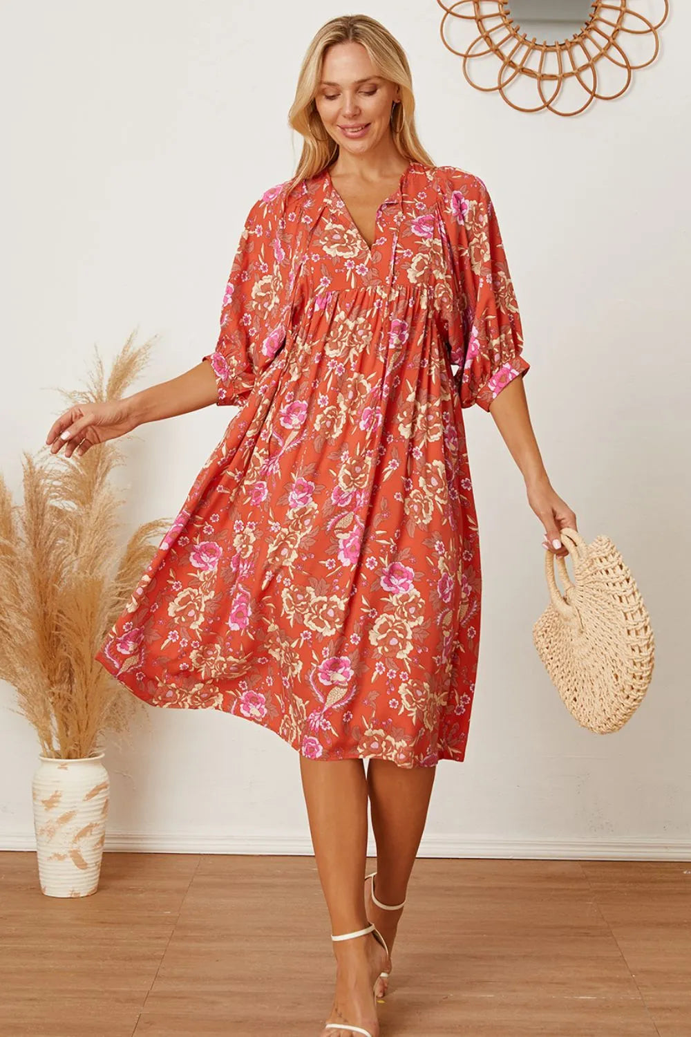 Floral Tie Neck Half Sleeve Dress - alternate view 3