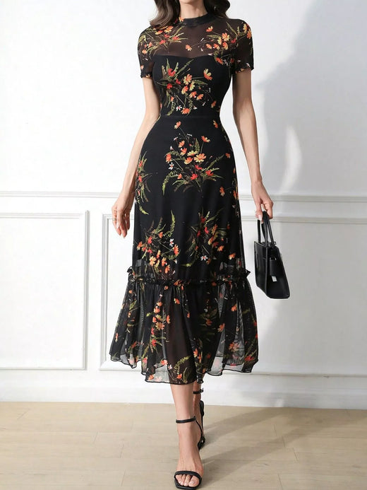 Floral Print Sheer Overlay Midi Dress with Ruffle Hem - alternate view 3