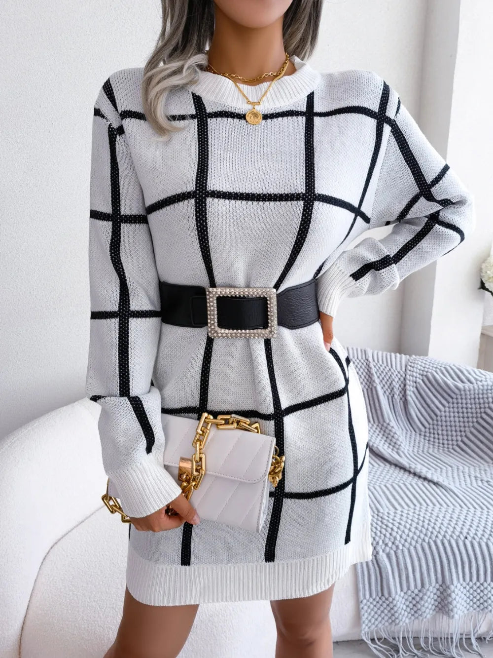 Plaid Round Neck Dropped Shoulder Sweater Dress - alternate view 4