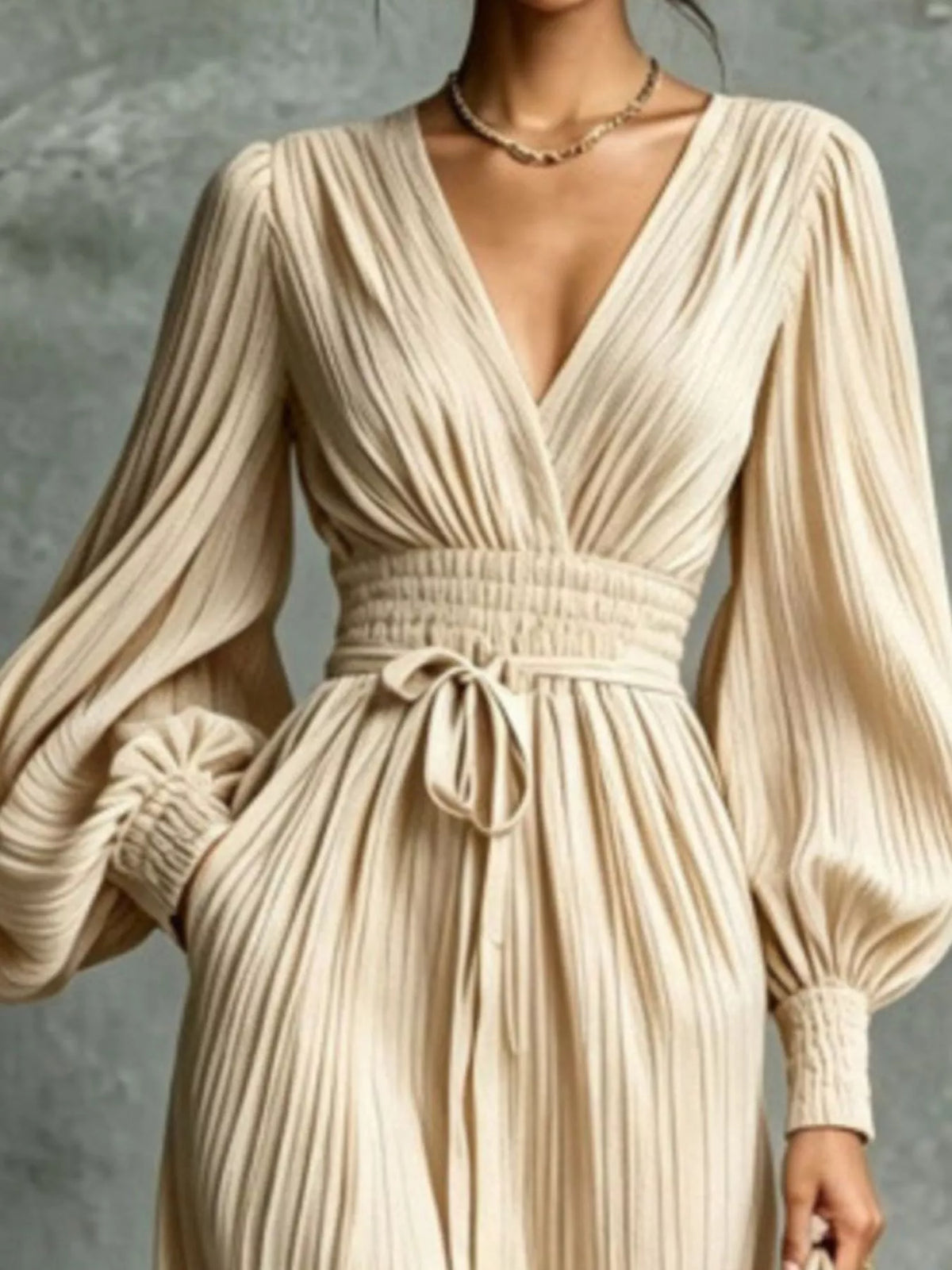 Elegant Pleated V-Neck Maxi Dress with Lantern Sleeves and Tie-Waist - alternate view 1