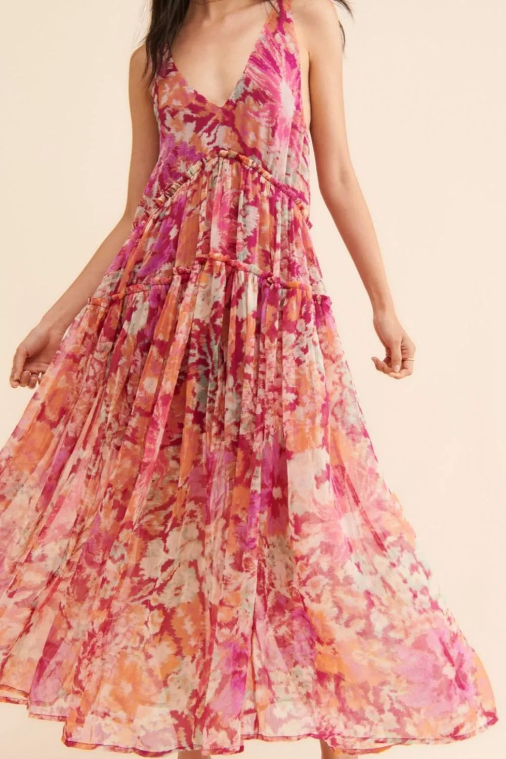 Frill Printed V-Neck Midi Dress