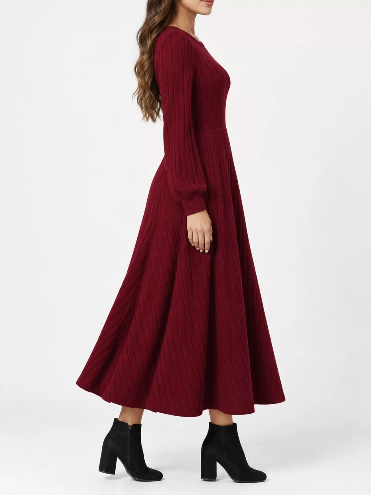 Ribbed Knit Long Sleeve A-Line Midi Dress - alternate view 12