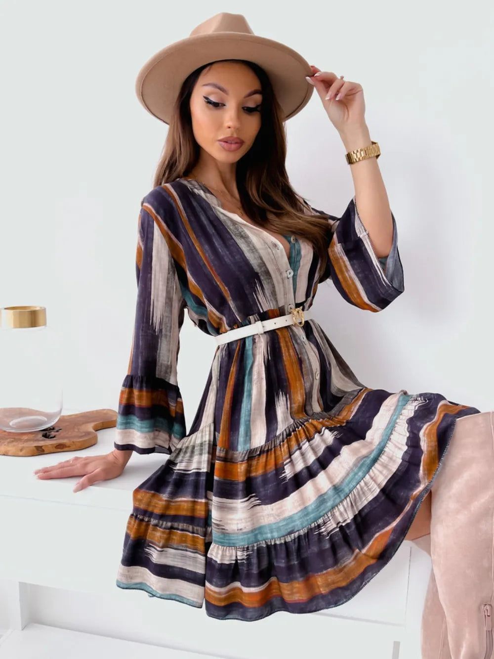 Buttoned Striped Long Sleeve Mini Dress - alternate view 8