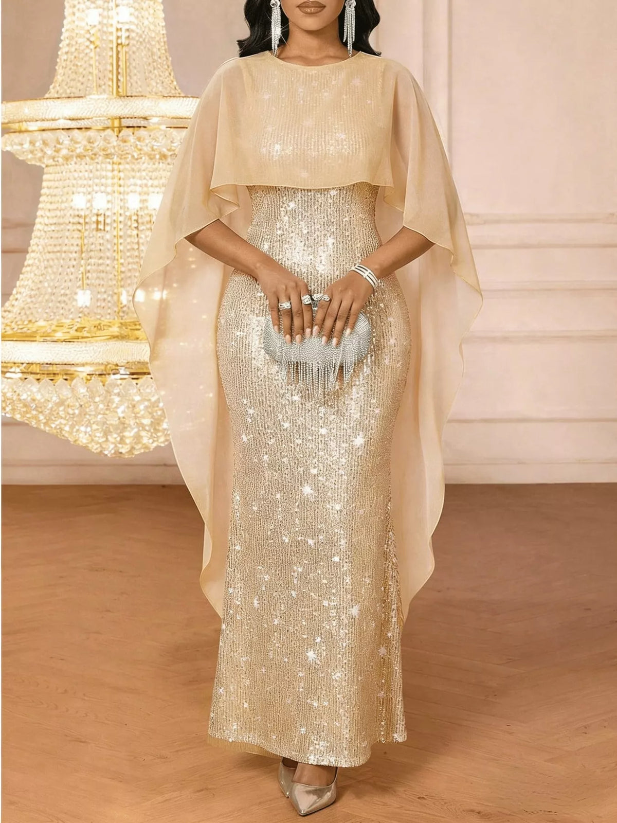 Sequin Cape Overlay Evening Dress - alternate view 23