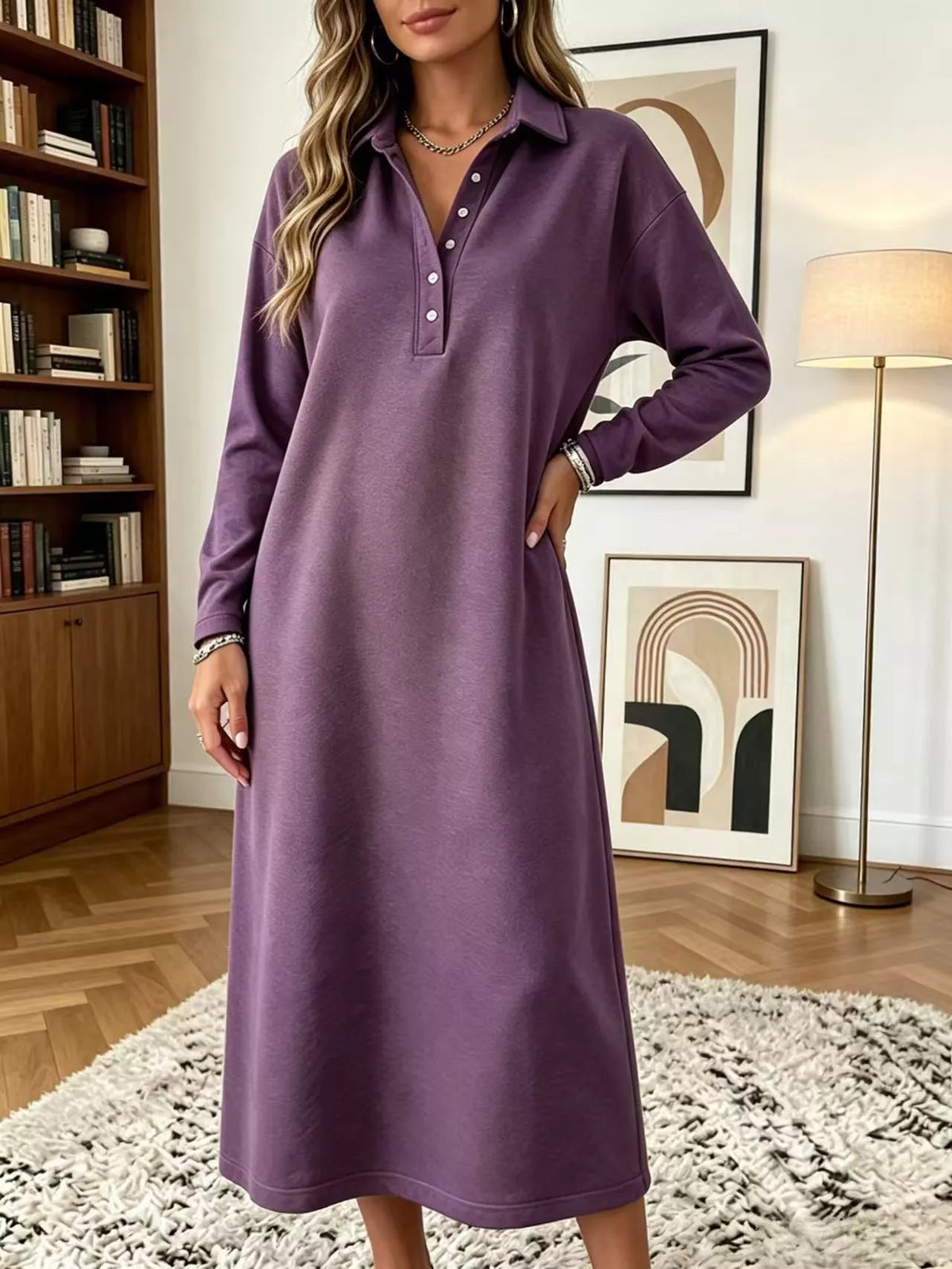 Polo Collar Long Sleeve Midi Dress - alternate view 16