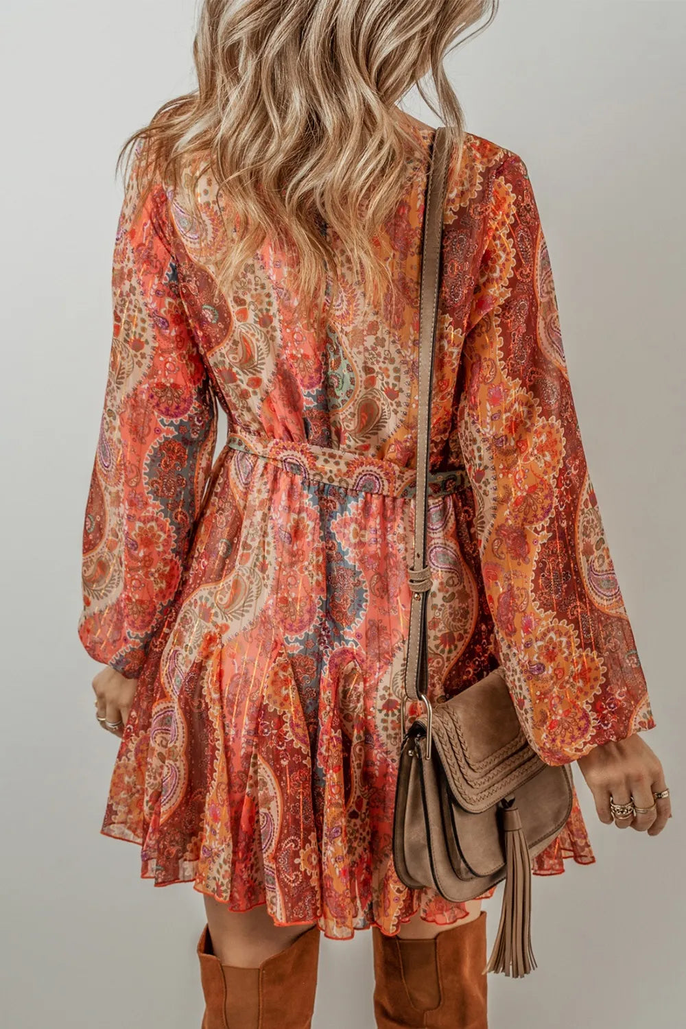 Tied Printed Balloon Sleeve Mini Dress - alternate view 2