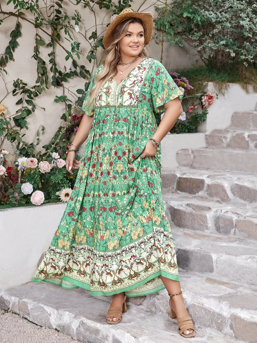 Floral Tie Neck Flutter Sleeve Maxi Dress