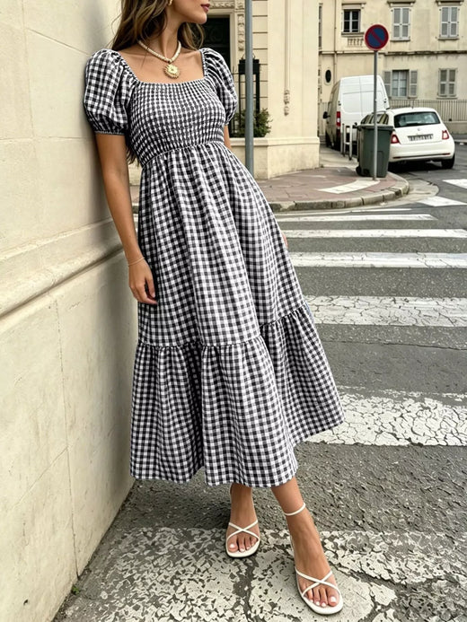Gingham Smocked Puff Sleeve Midi Dress - alternate view 4