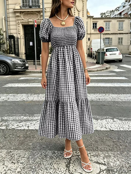 Gingham Smocked Puff Sleeve Midi Dress - alternate view 5