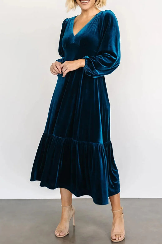 V-Neck Long Sleeve Midi Velvet Dress - alternate view 3