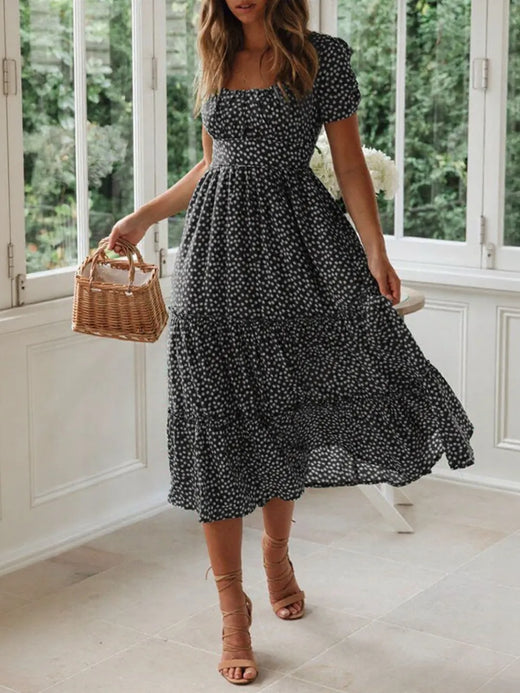 Printed Square Neck Short Sleeve Midi Dress - alternate view 6