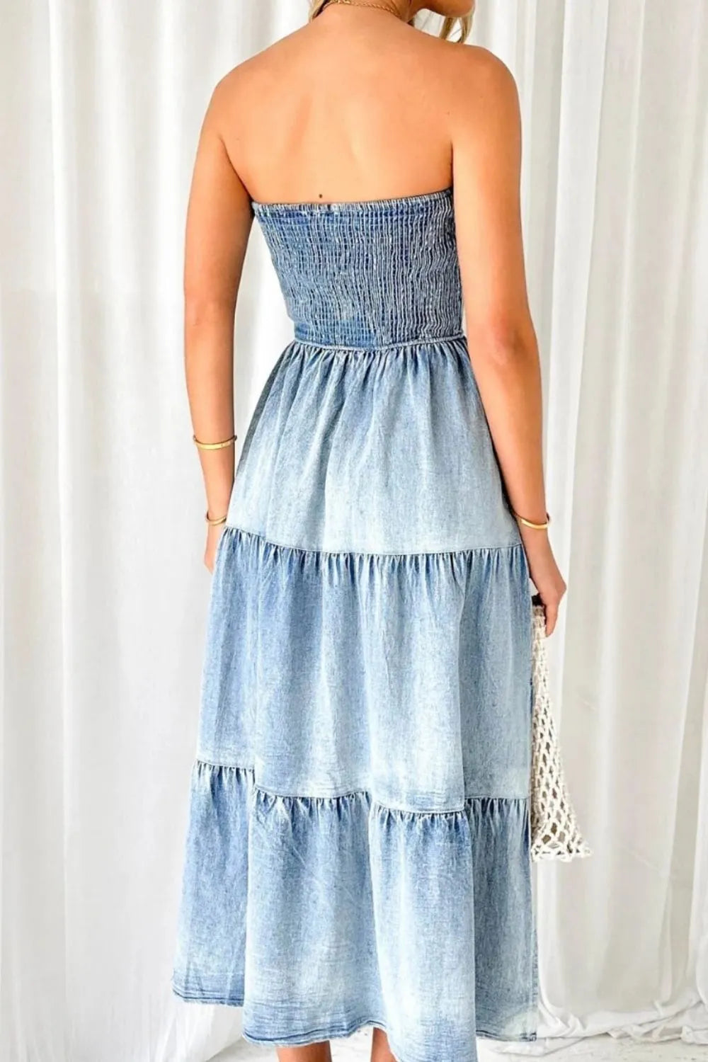 Smocked Tube Slit Tiered Denim Sleeveless Dress - alternate view 5