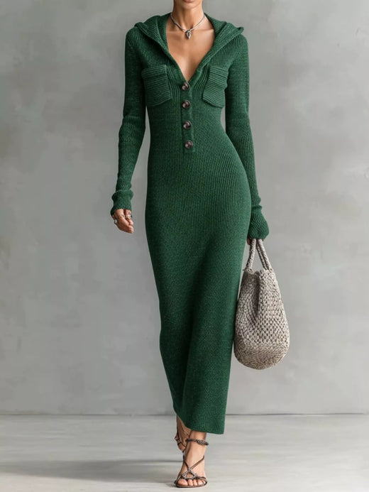 Hooded Knit Maxi Dress with Button-Up Placket and Chest Pockets - alternate view 5
