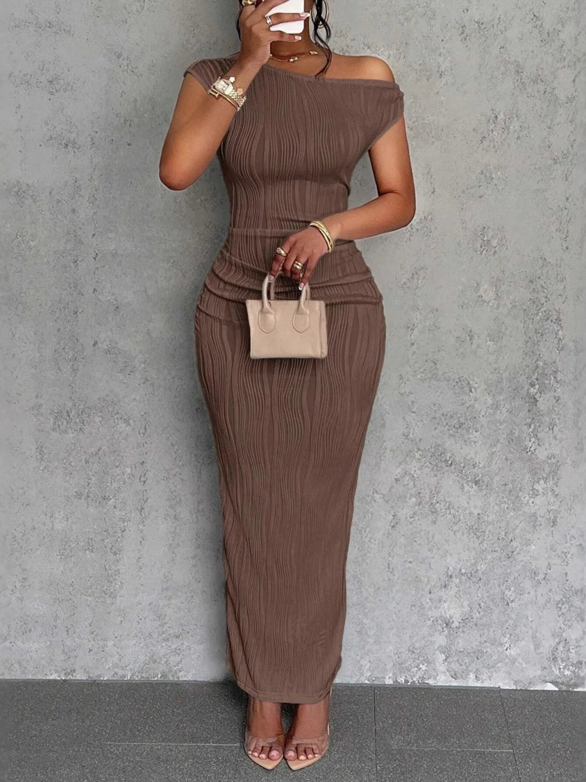 Textured Single Shoulder Bodycon Maxi Dress - alternate view 4