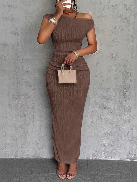 Textured Single Shoulder Bodycon Maxi Dress - alternate view 4