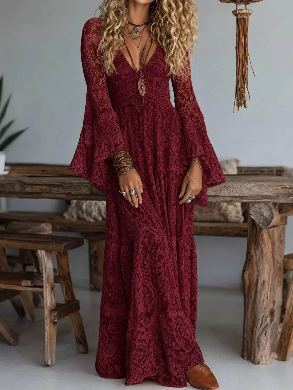 V-Neck Lace Flare Sleeve Maxi Dress - alternate view 10