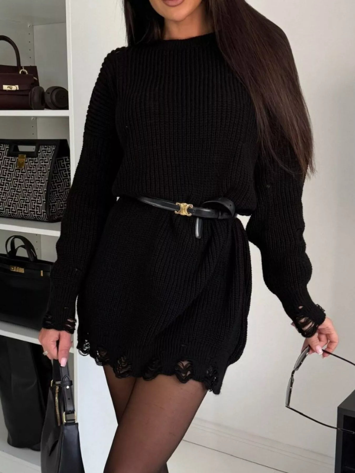 Distressed Round Neck Drop Shoulder Sweater Dress - alternate view 5