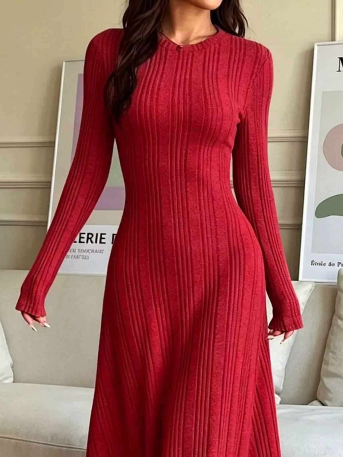Long Sleeve Ribbed Knit Dress - alternate view 11