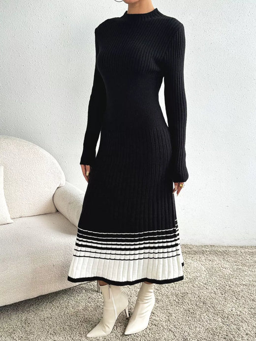 Ribbed Knit Sweater Dress with Striped Hem - alternate view 3