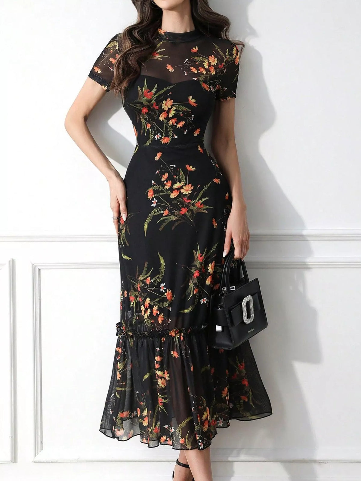 Floral Print Sheer Overlay Midi Dress with Ruffle Hem - alternate view 5