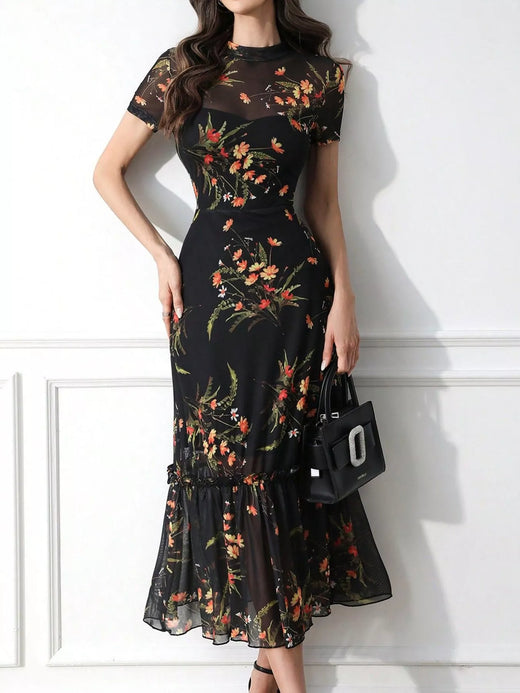 Floral Print Sheer Overlay Midi Dress with Ruffle Hem - alternate view 5