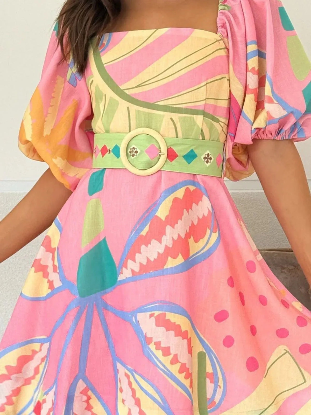 Printed Square Neck Puff Sleeve Dress - alternate view 5