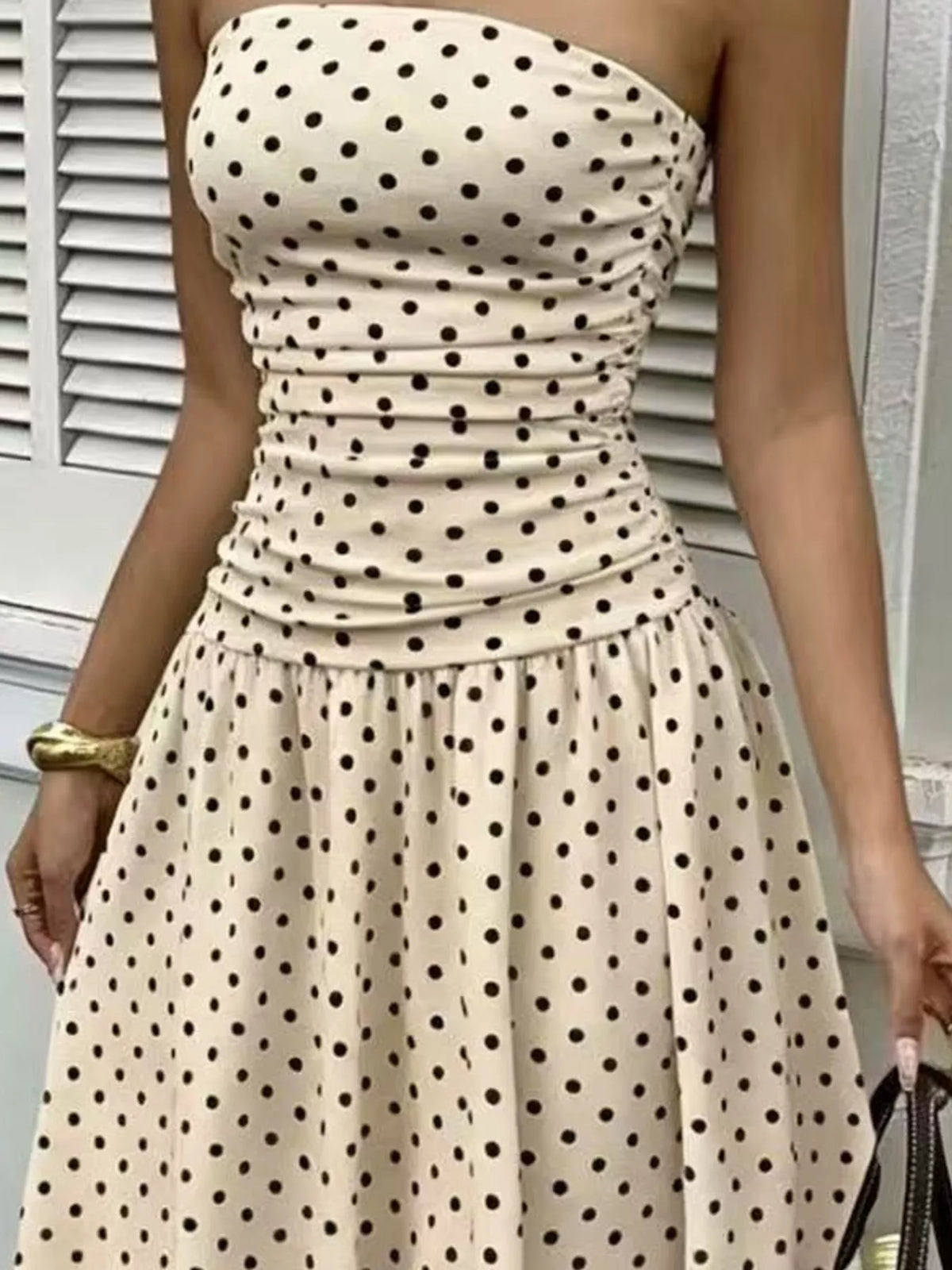 Strapless Polka Dot Ruched Maxi Dress - alternate view 38