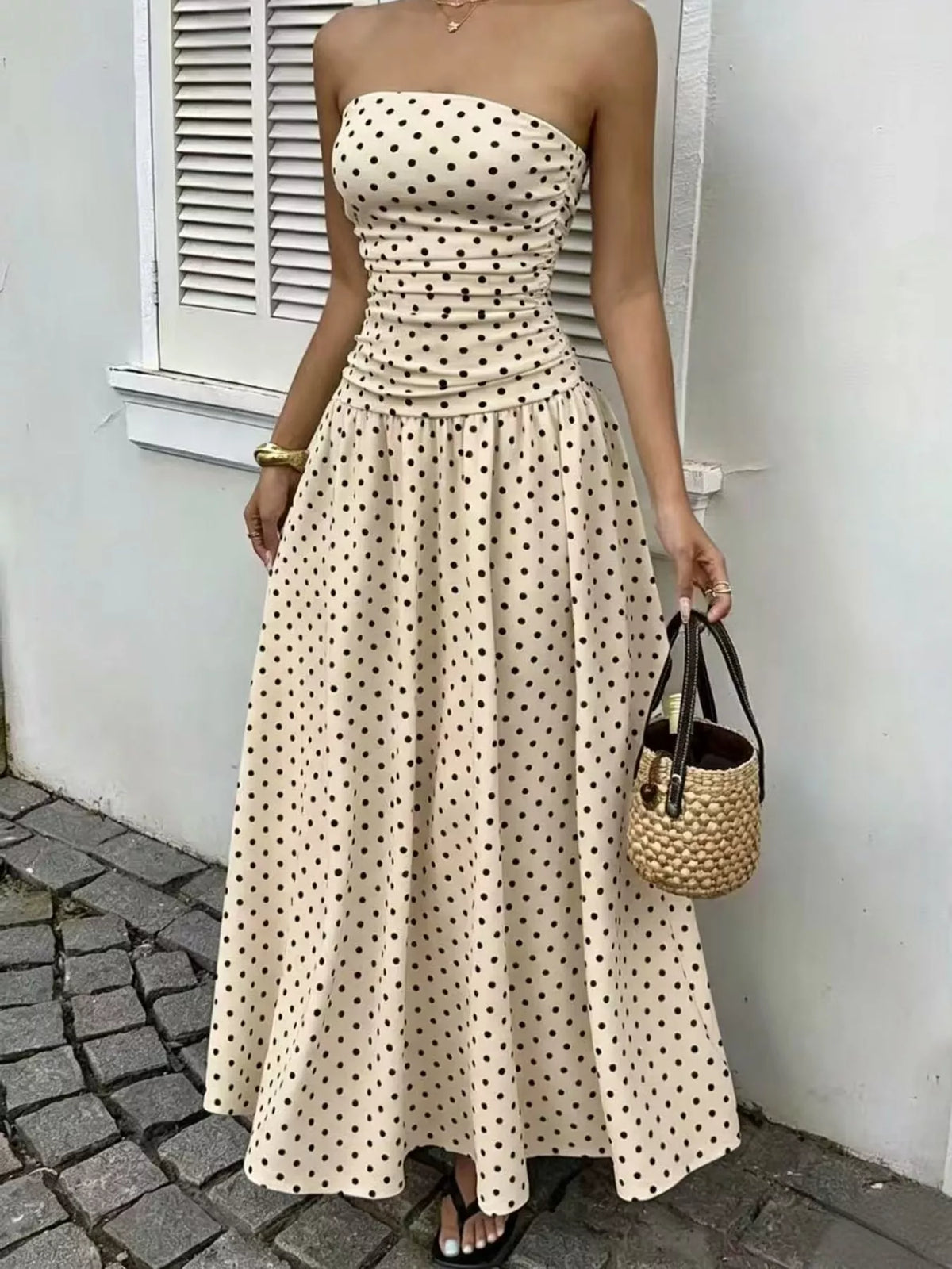 Strapless Polka Dot Ruched Maxi Dress - alternate view 36