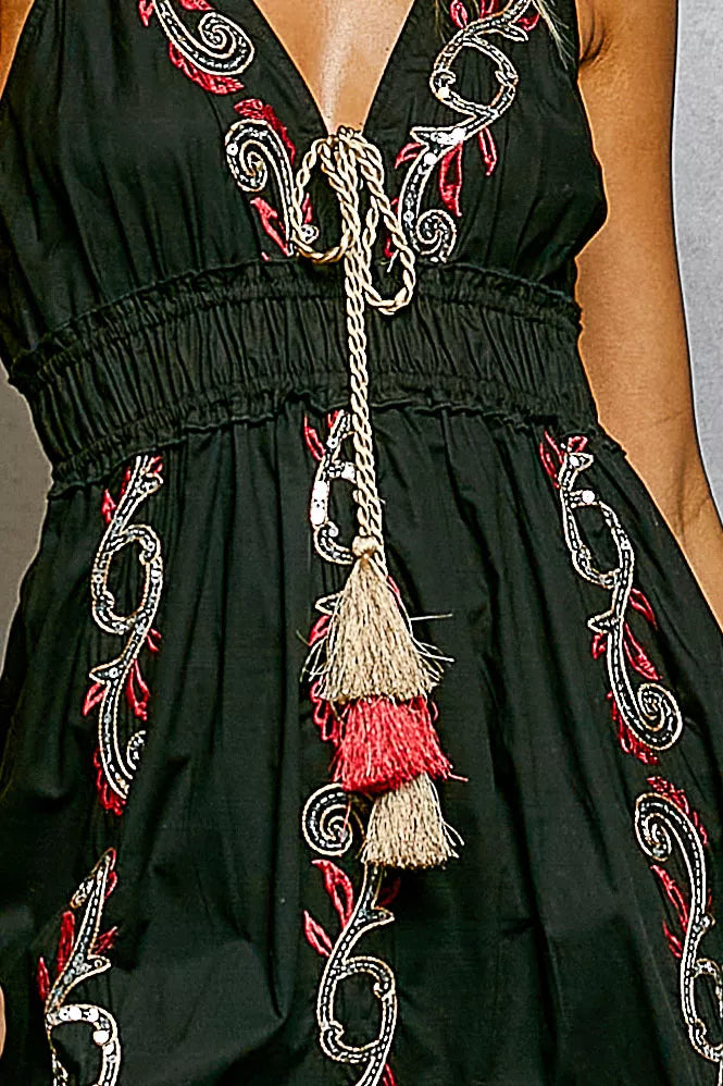 POL Embroidered Detail Tassel Tie Smocked Waist Midi Tiered Cami Dress - alternate view 6