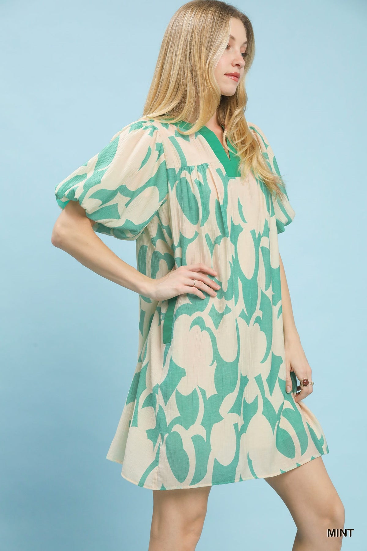 Print Puff Sleeve Shift Dress - alternate view 2