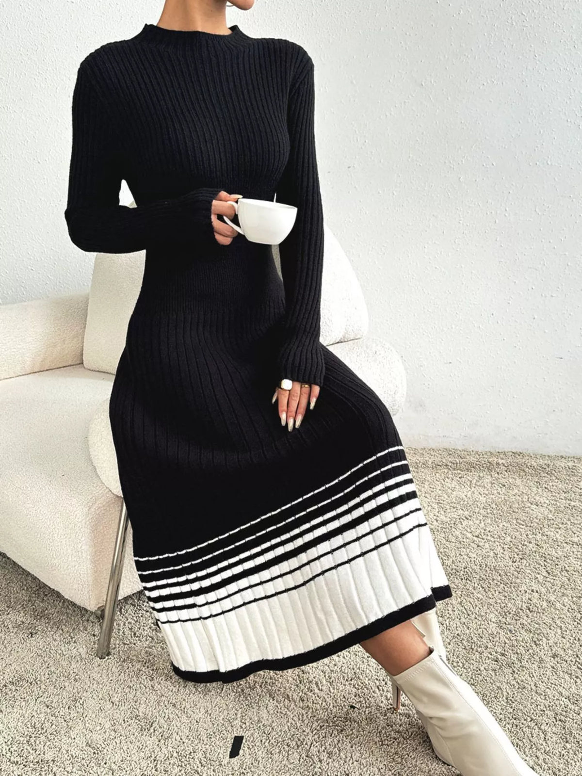 Ribbed Knit Sweater Dress with Striped Hem