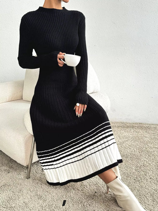 Ribbed Knit Sweater Dress with Striped Hem