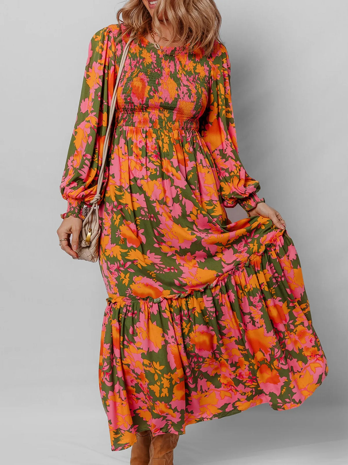 Smocked Floral Print Long Sleeve Maxi Dress - alternate view 4