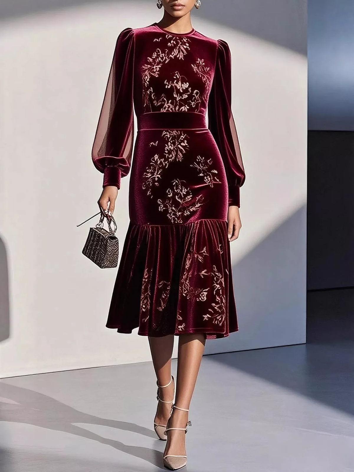 Velvet Floral Lantern Sleeve Midi Dress - alternate view 5