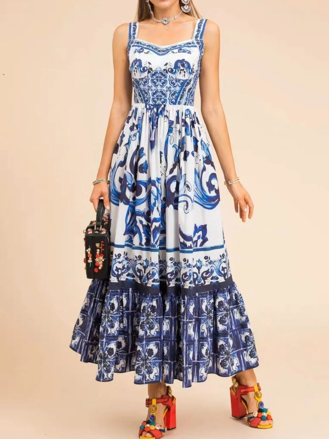 Smocked Printed Wide Strap Dress - alternate view 3