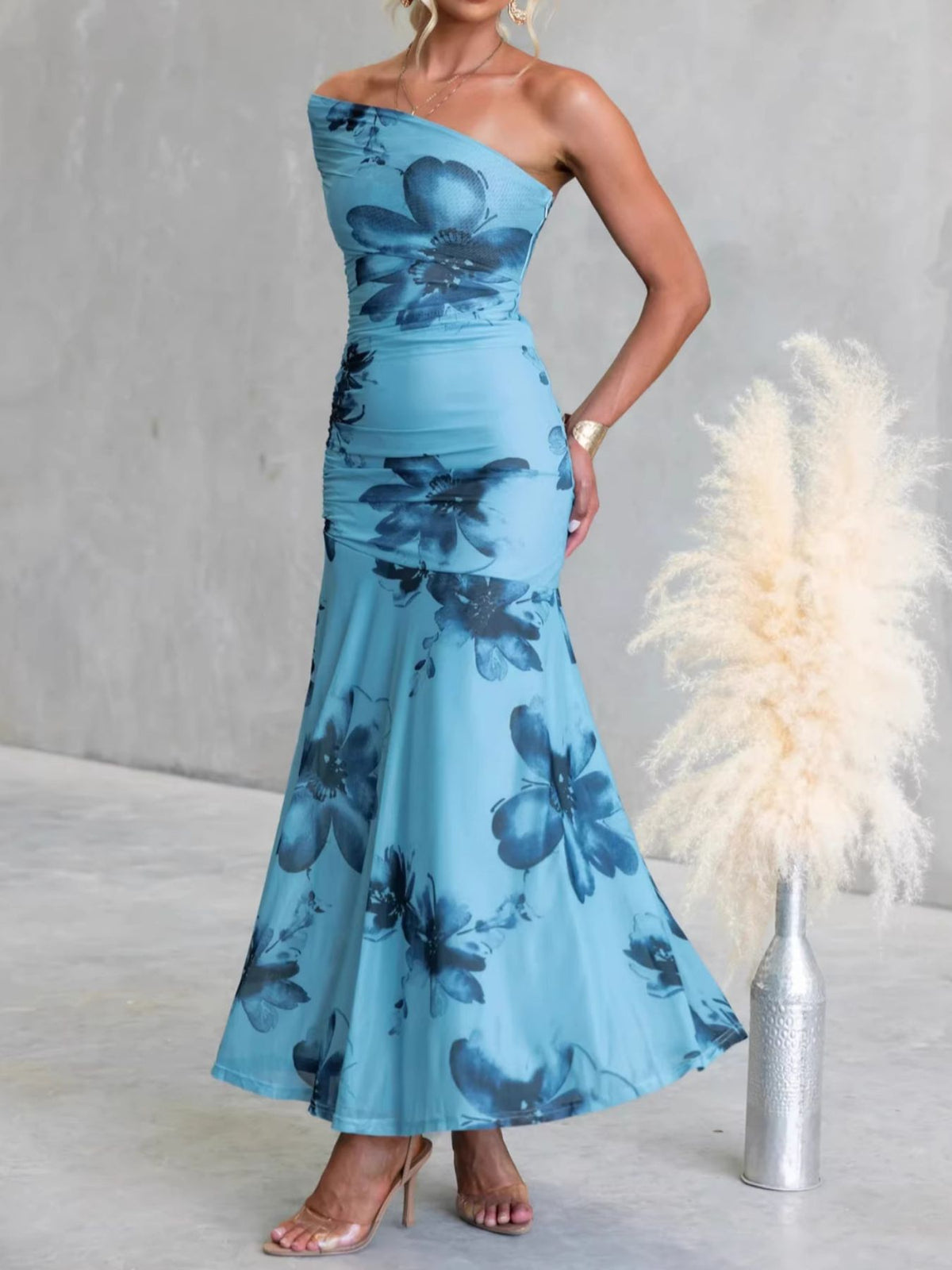 Floral Print One-Shoulder Ruched Maxi Dress - alternate view 2