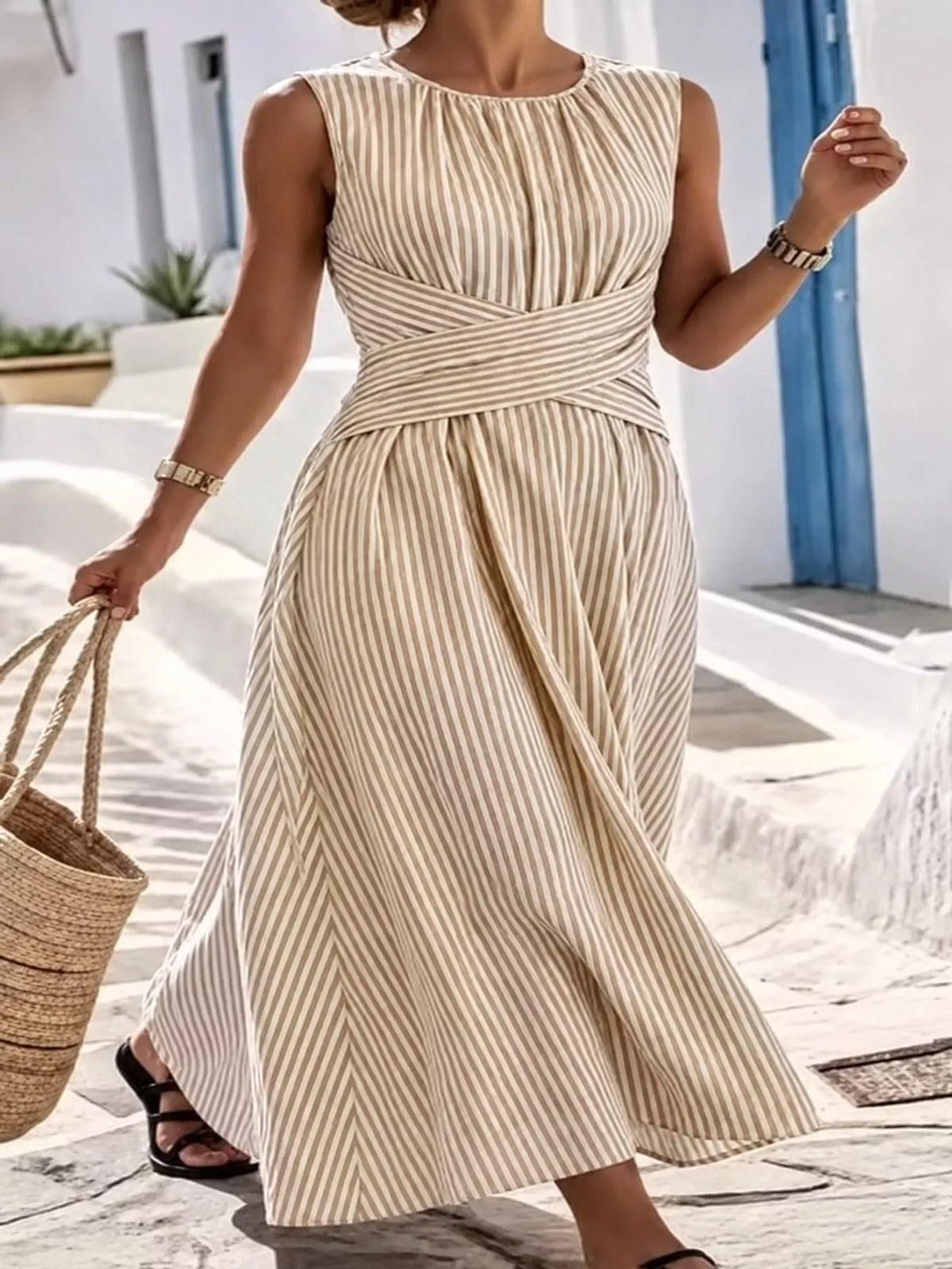 Full Size Sleeveless Striped Maxi Dress with Criss-Cross Waist Detail Plus Size - alternate view 16