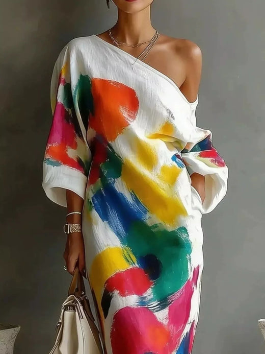 Full Size One-Shoulder Abstract Print Loose Fit Maxi Dress Plus Size - alternate view 2